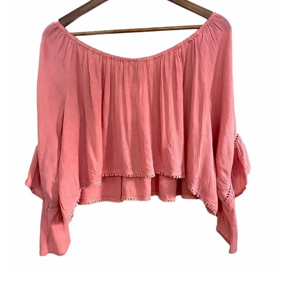 ASOS NWT Pink Off Shoulder Flutter Perforated Sleeve Smocked Crop Top Shirt Sz 6 - Picture 10 of 10